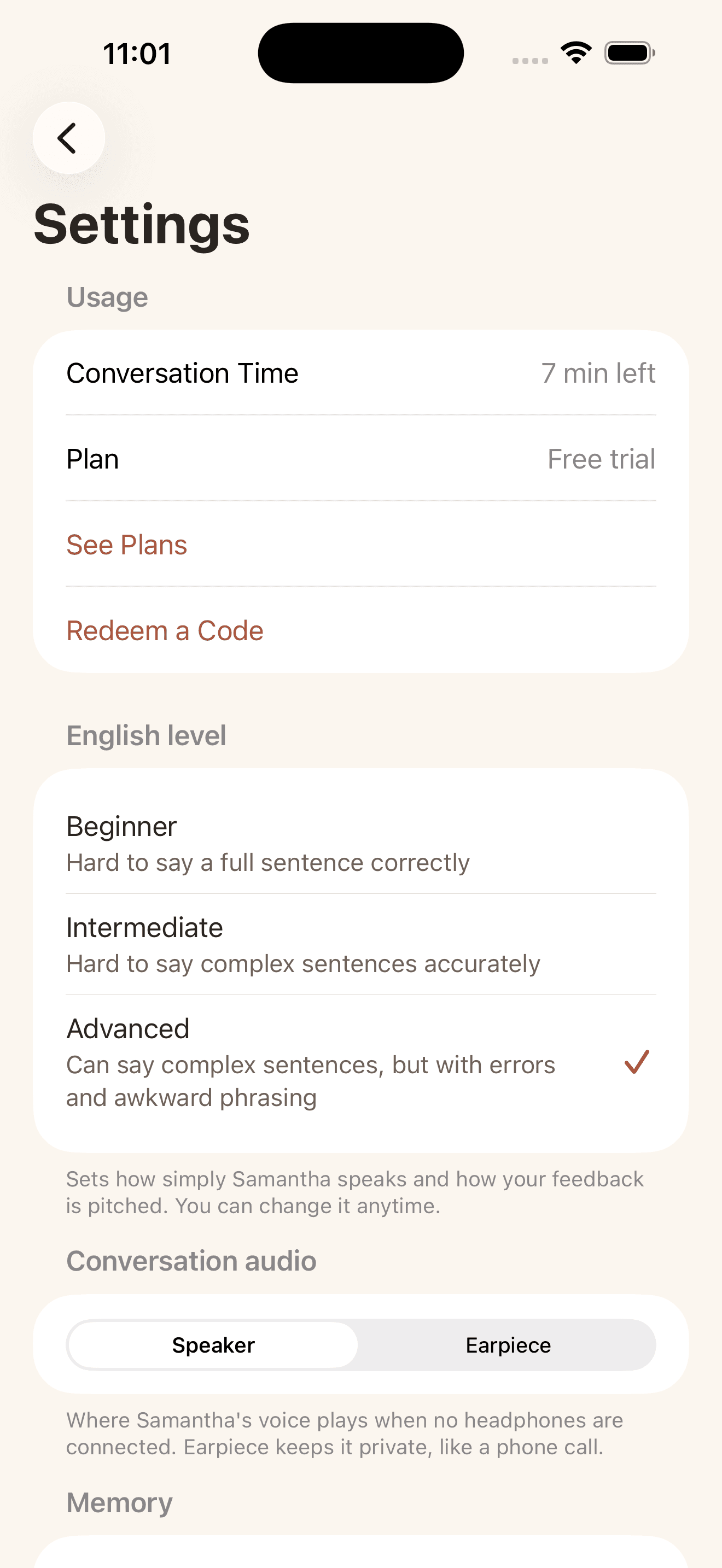 Settings showing conversation time, English level, and memory