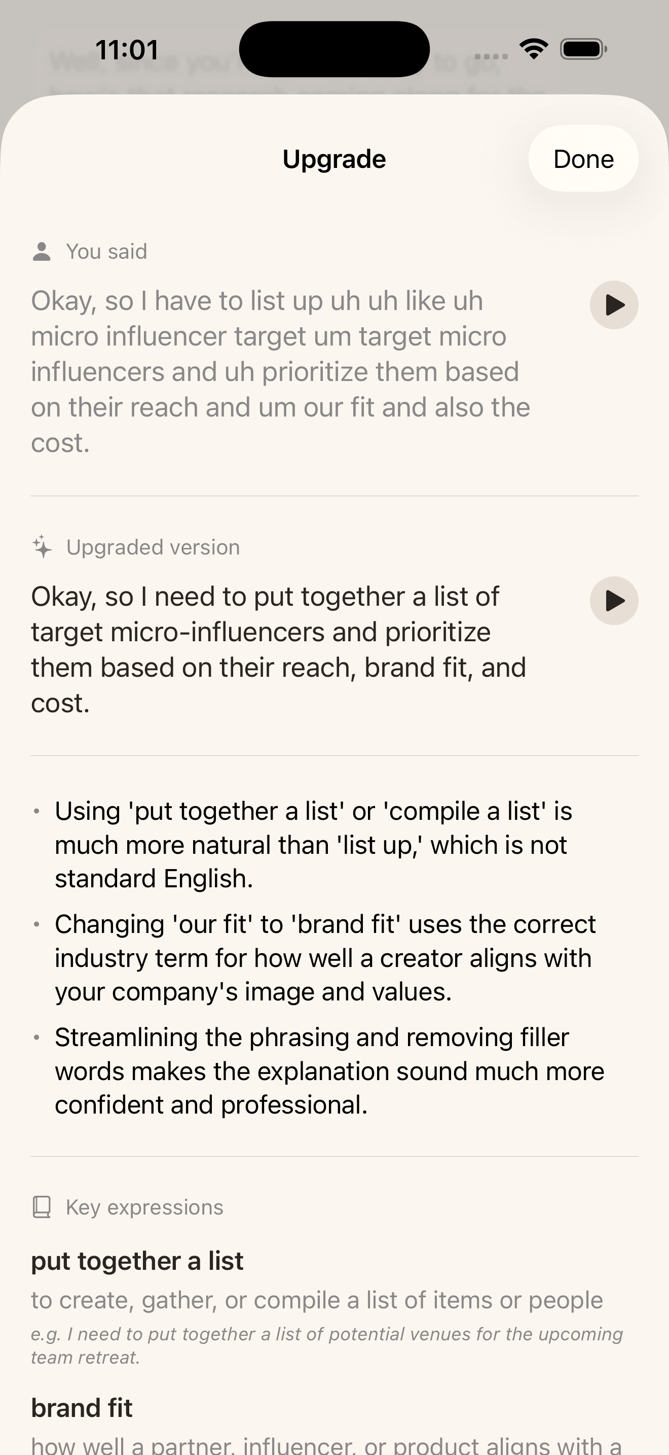 A speech upgrade: a more natural version of what you said, with why it's better